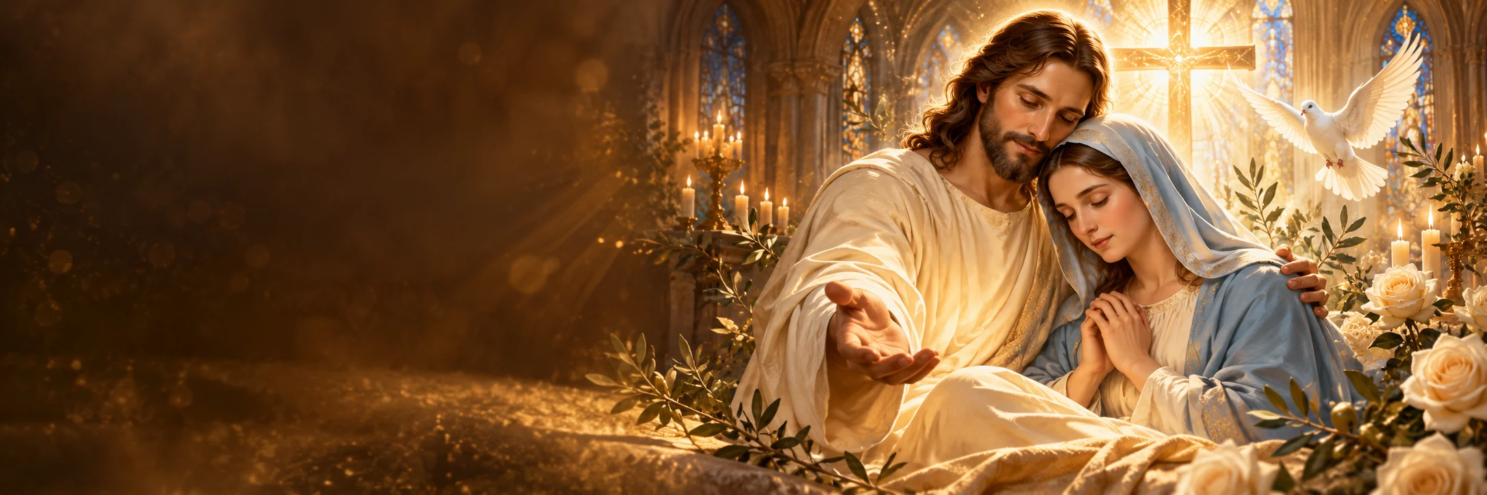 Jesus and the Virgin Mary in warm candlelight, with a cross and a white dove