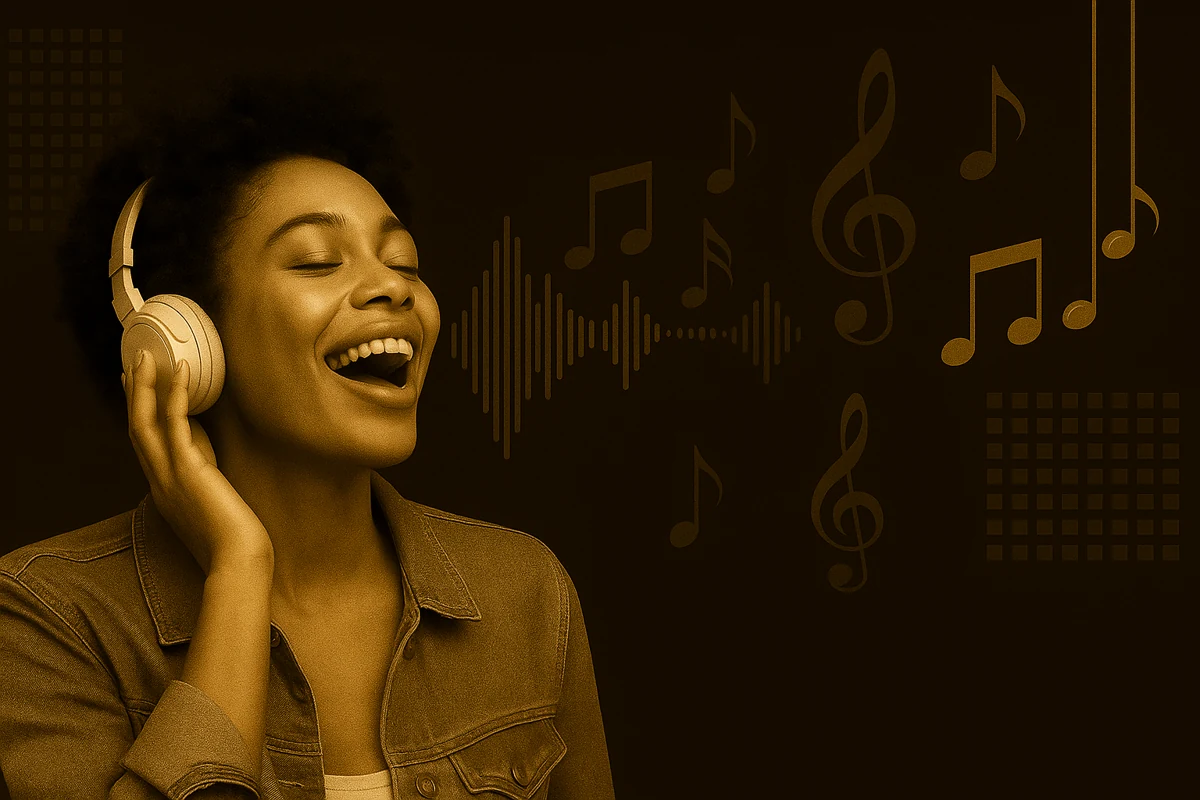 A woman enjoying music on headphones against Beat Amigo’s gold music artwork